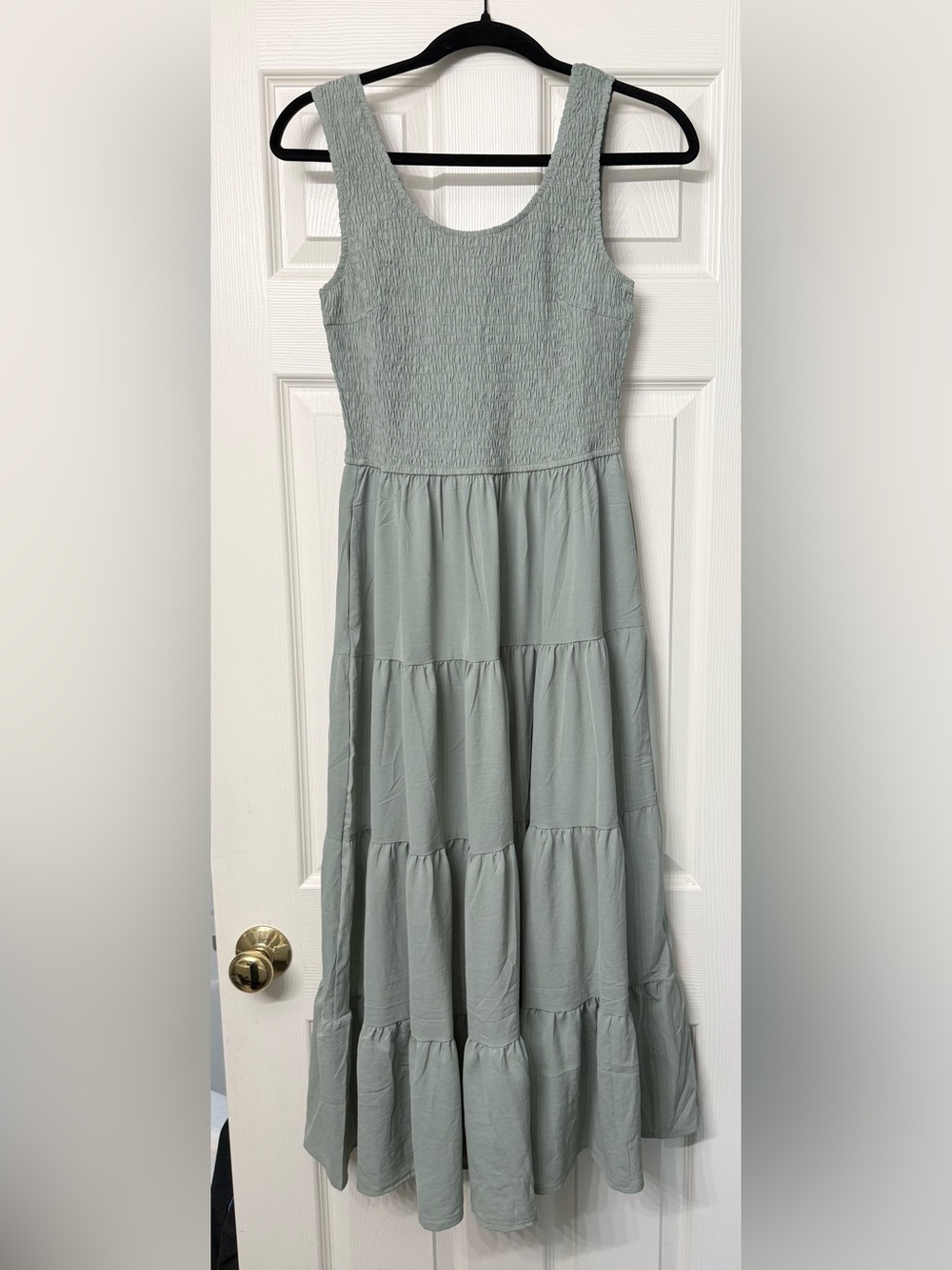 Smocked Scoop-Neck Tiered Maxi Dress in Sage Green